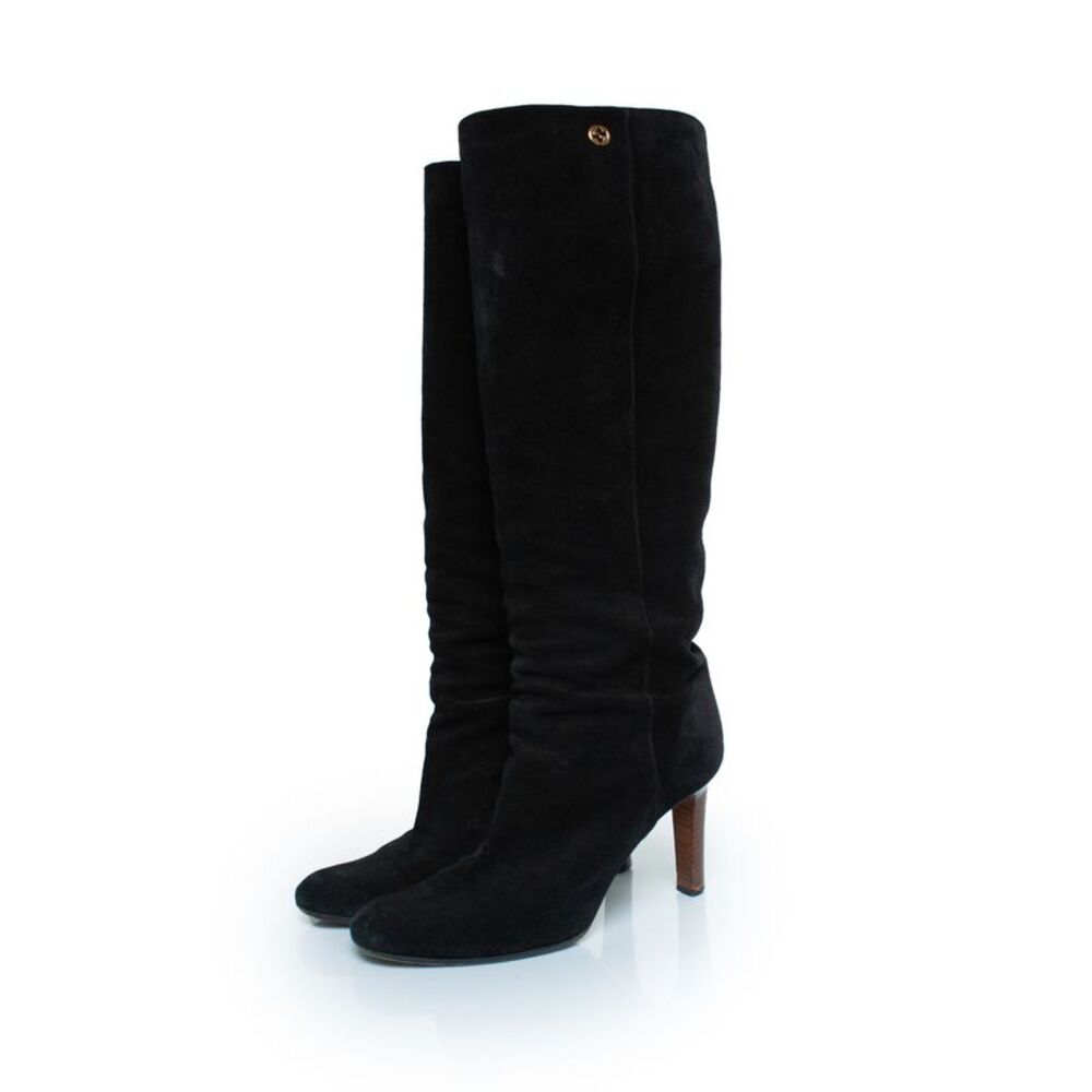 Gucci Black suede knee boots with GG logo